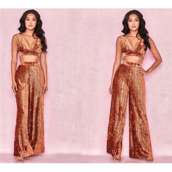 HOUSE OF CB | ‚Georgia‘ & ‚Maelys’ Rust Crushed Velvet Pants & Bra Top - Picture 1 of 6